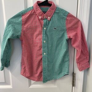 Vineyard Vines gingham color blocked red, green, blue dress shirt